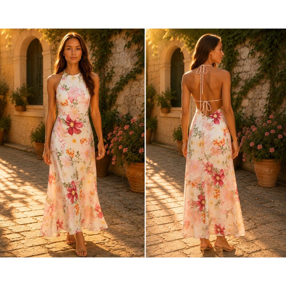 Lulus Sidney Ivory Multi Floral Halter Maxi Dress XL NWT Open Back Side Zip - Picture 3 of 11